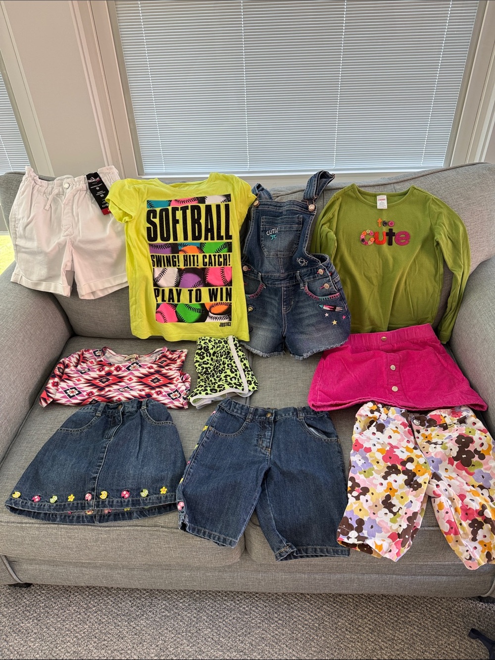 Girls Mixed Clothing Lot - Bright Neon Softball Tee & Denim Overalls